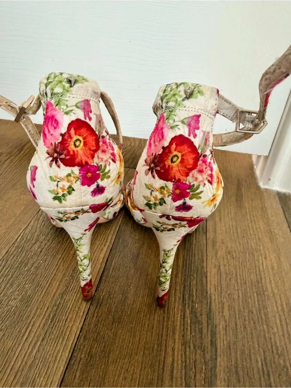 Sam Edelman Floral Ankle-Strap Heels in Pink and Red